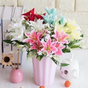 unga Lili Plastik Tanpa Vas / Pot Lily Artificial Kembang Sepatu Daun Hias Flower Wedding Bouquet