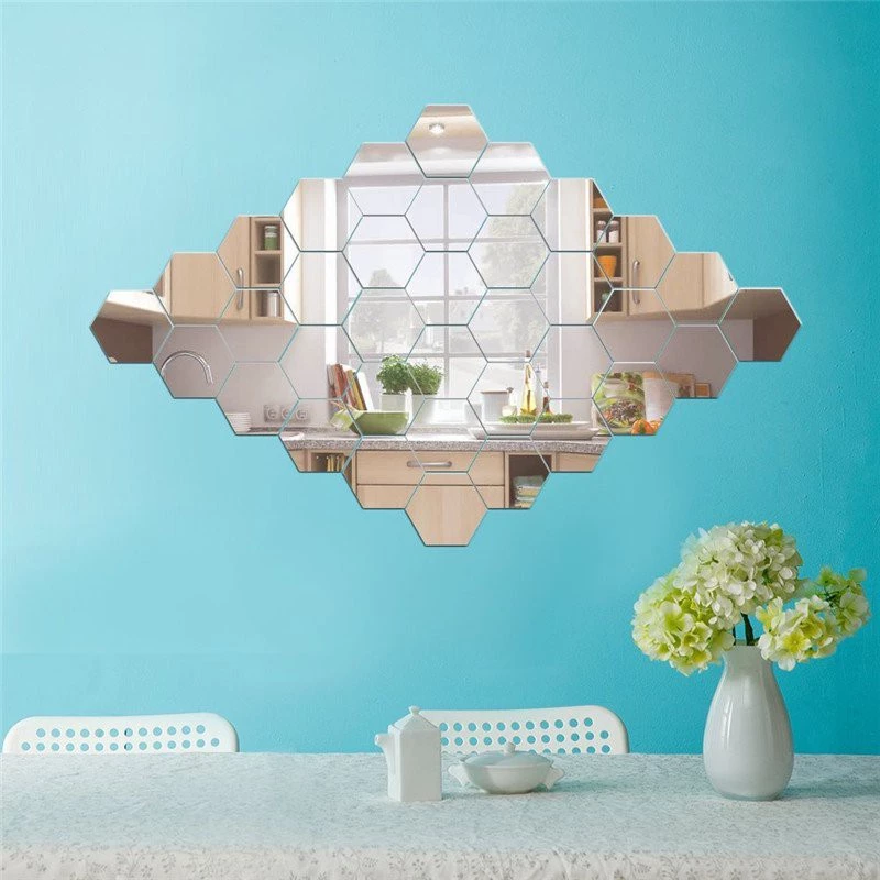 Cermin Hexagonal Kecil Kaca Akrilik Tempel Segi Enam Hexagon Mirror Sticker Dekorasi Wire Grid Mesh
