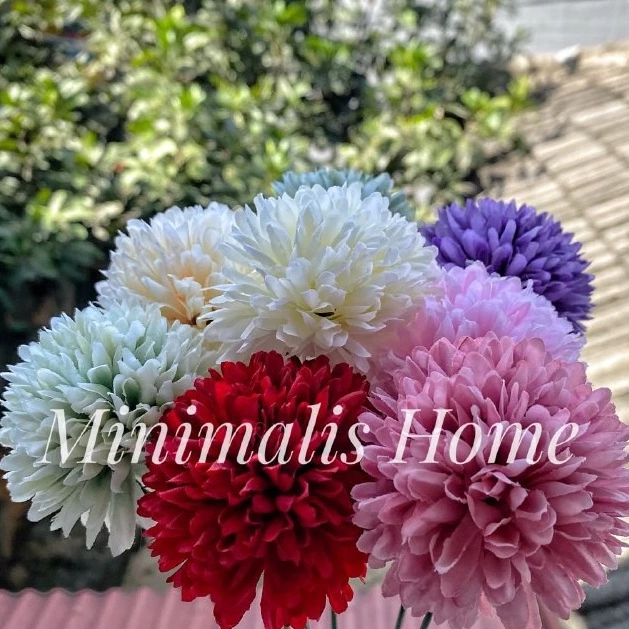 Bunga Dandelion Mawar Pom Pom Plastik Artificial PomPom Tangkai Palsu - Gambar 2
