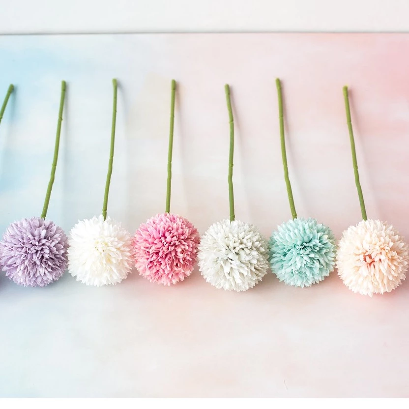 Bunga Dandelion Mawar Pom Pom Plastik Artificial PomPom Tangkai Palsu - Gambar 4