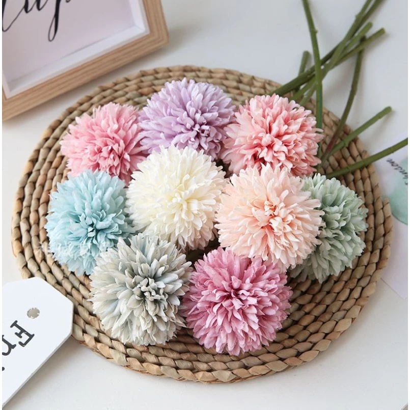 Bunga Dandelion Mawar Pom Pom Plastik Artificial PomPom Tangkai Palsu