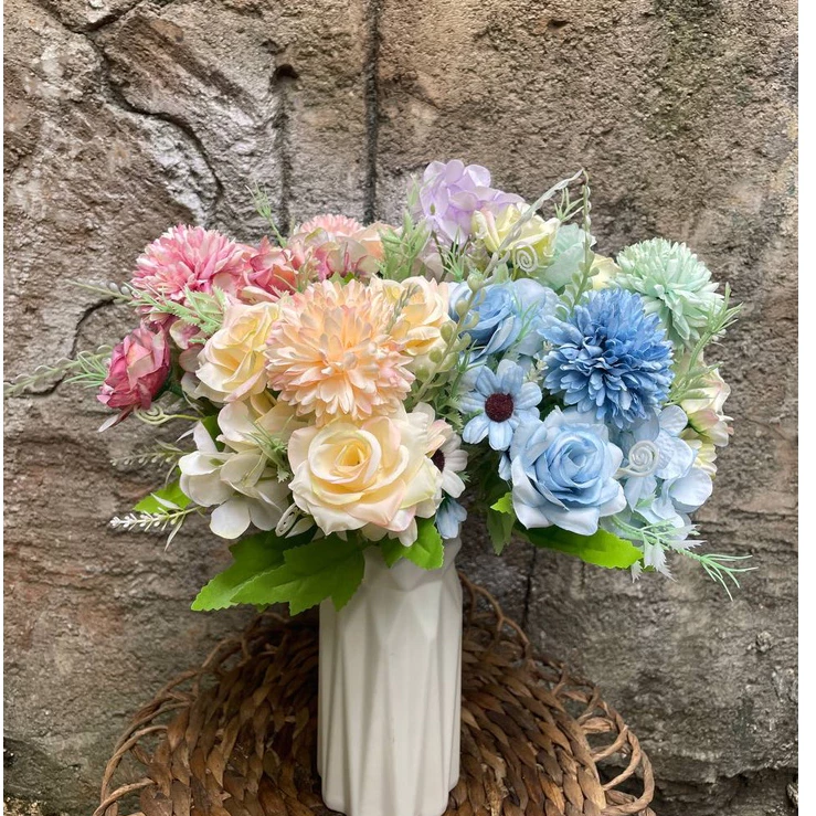 Bunga Rose Buket Warna Pastel Artificial Mawar Plastik Hias Dandelion Pompom