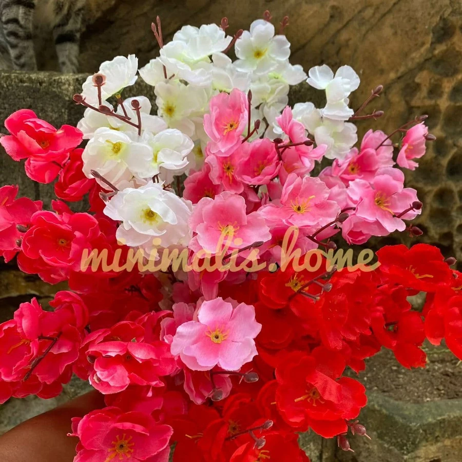 Bunga Sakura Tangkai 7 Cabang Meihwa Imlek Plastik Daun Anggrek Artificial Tanaman Hias